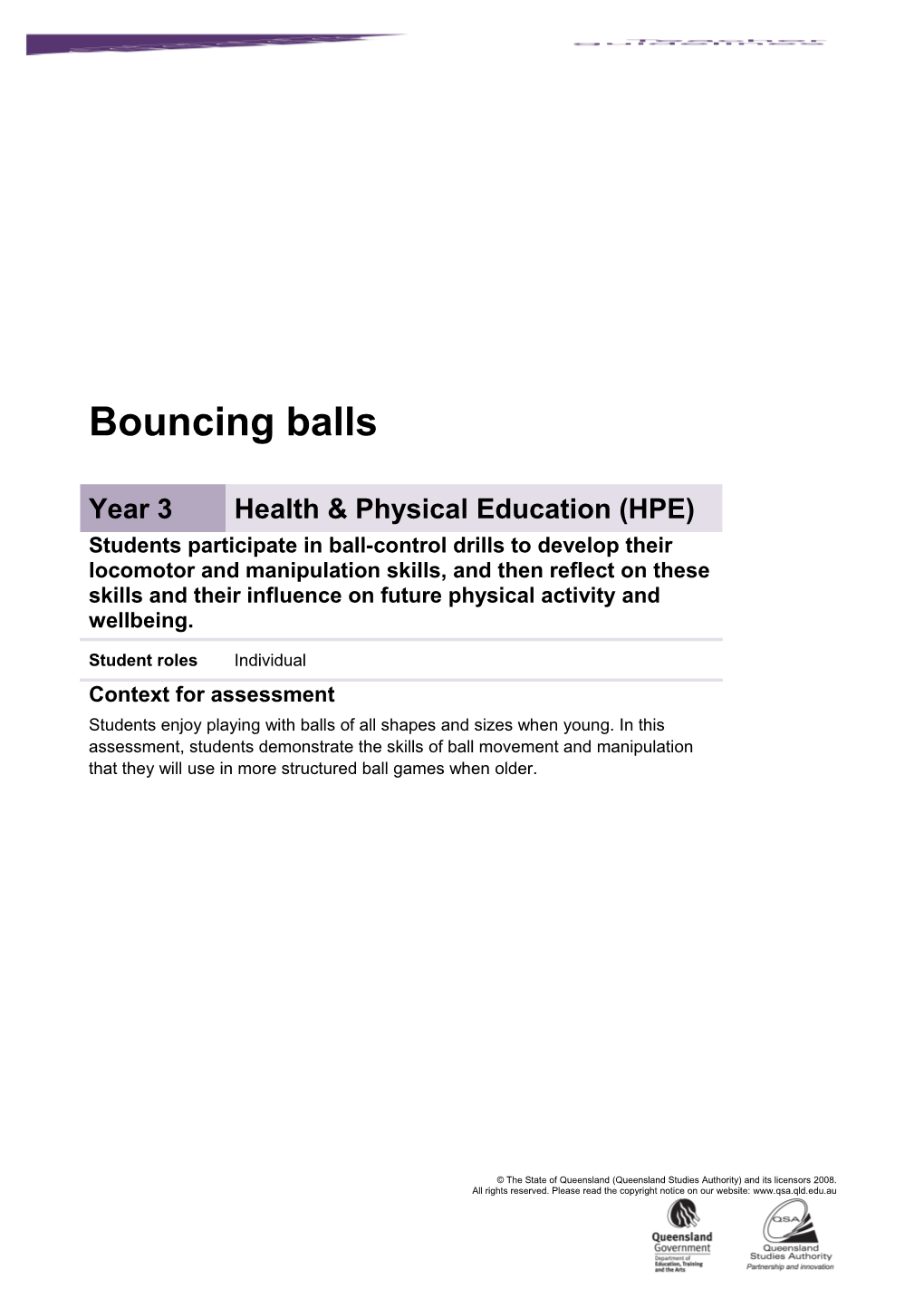 Year 3 Health & Physical Education Assessment Teacher Guidelines Bouncing Balls Queensland