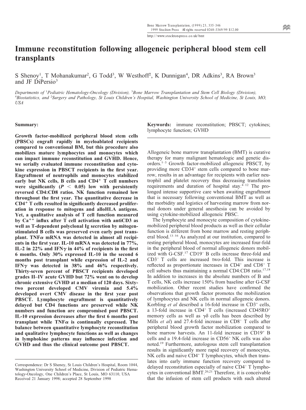 Immune Reconstitution Following Allogeneic Peripheral Blood Stem Cell Transplants