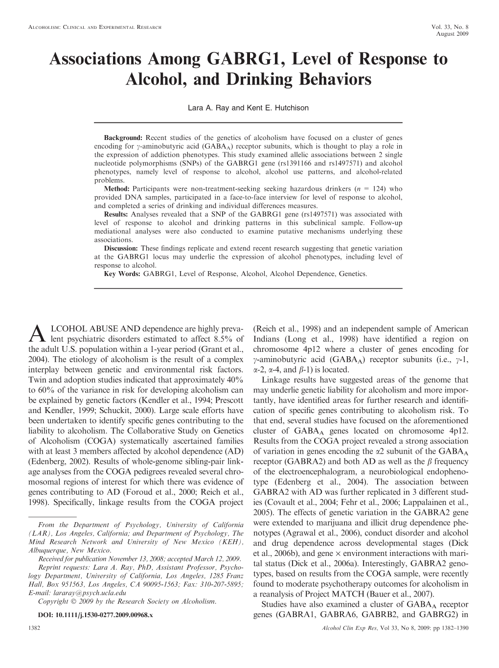 Associations Among GABRG1, Level of Response to Alcohol, and Drinking Behaviors