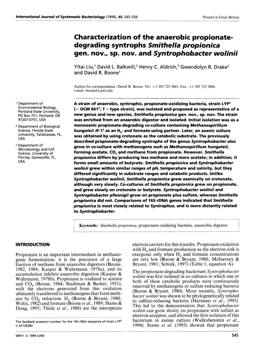 Degrading Syntrophs Smithella Propionica Gen. Nov., Sp. Nov. and Syntrophobacter Wolinii