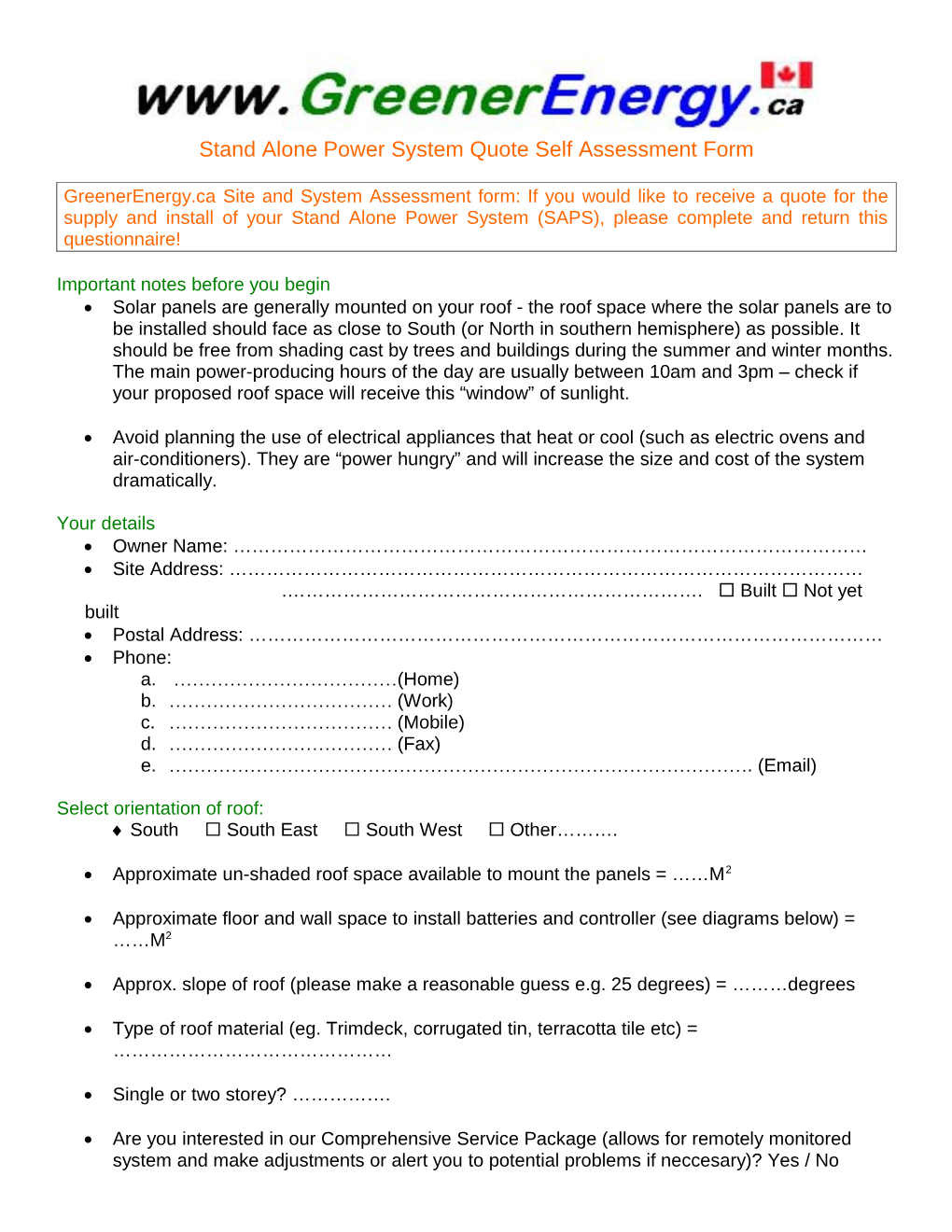 Stand Alone Power System Quote Self Assessment Form