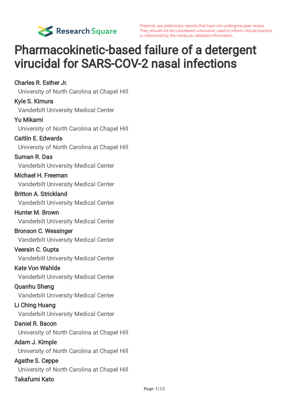 Pharmacokinetic-Based Failure of a Detergent Virucidal for SARS-COV-2 Nasal Infections