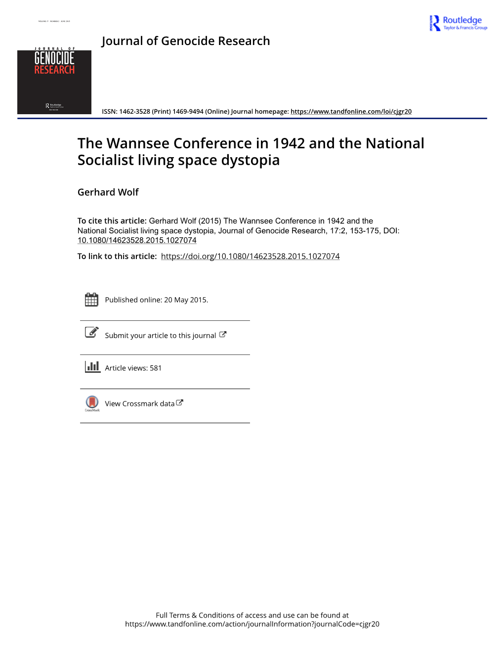 The Wannsee Conference in 1942 and the National Socialist Living Space Dystopia