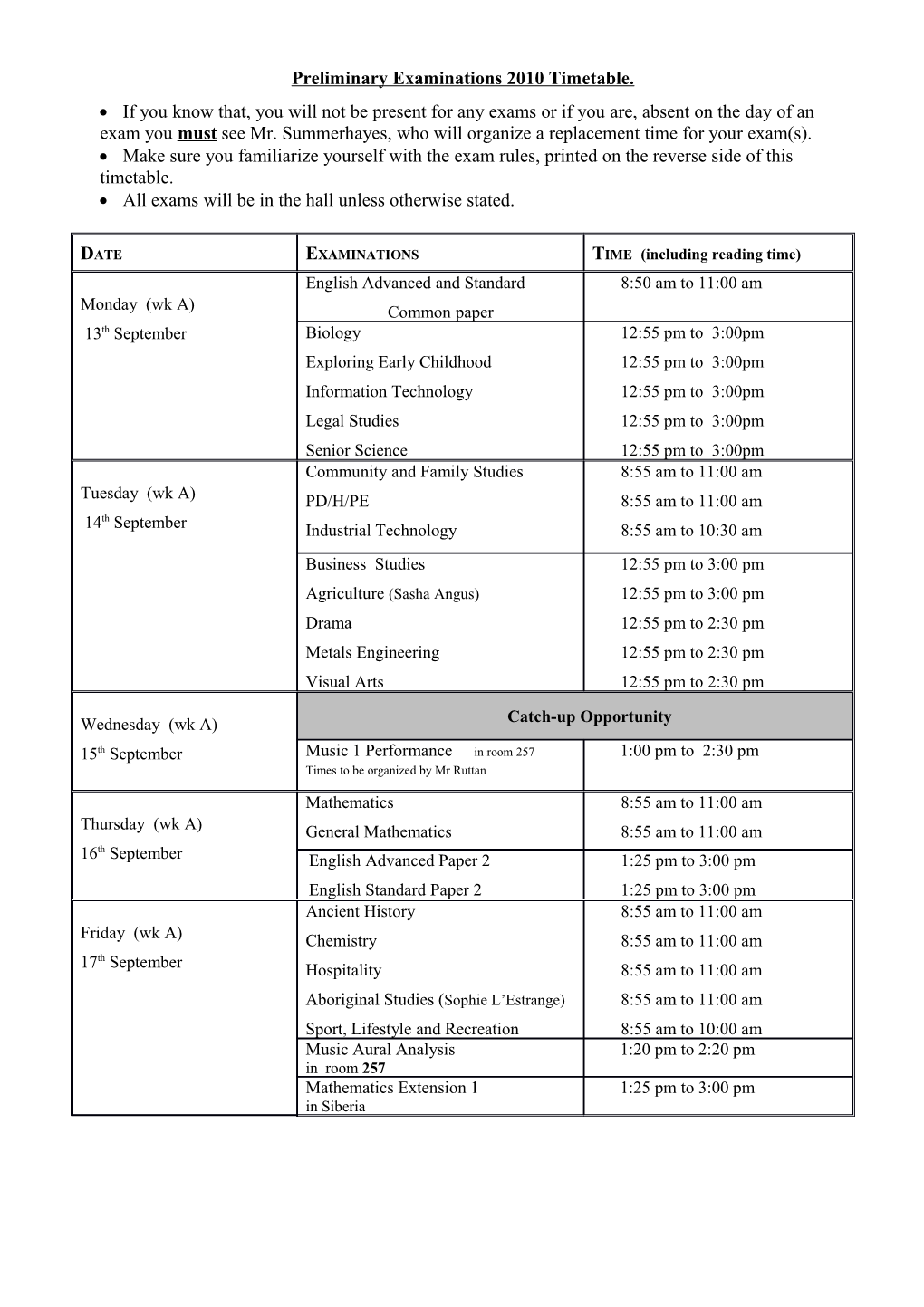 Preliminary Half Yearly Examinations