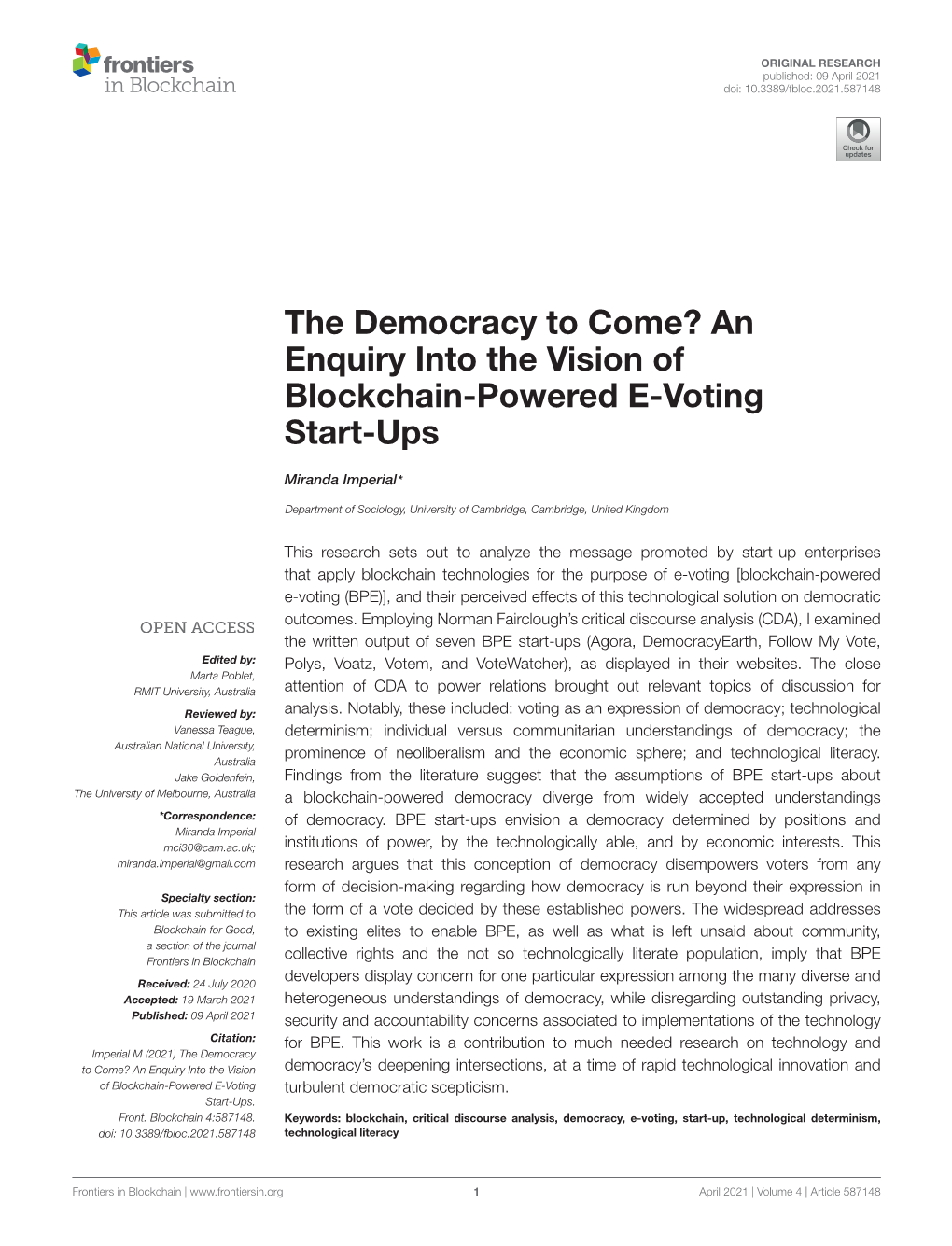 The Democracy to Come? an Enquiry Into the Vision of Blockchain-Powered E-Voting Start-Ups