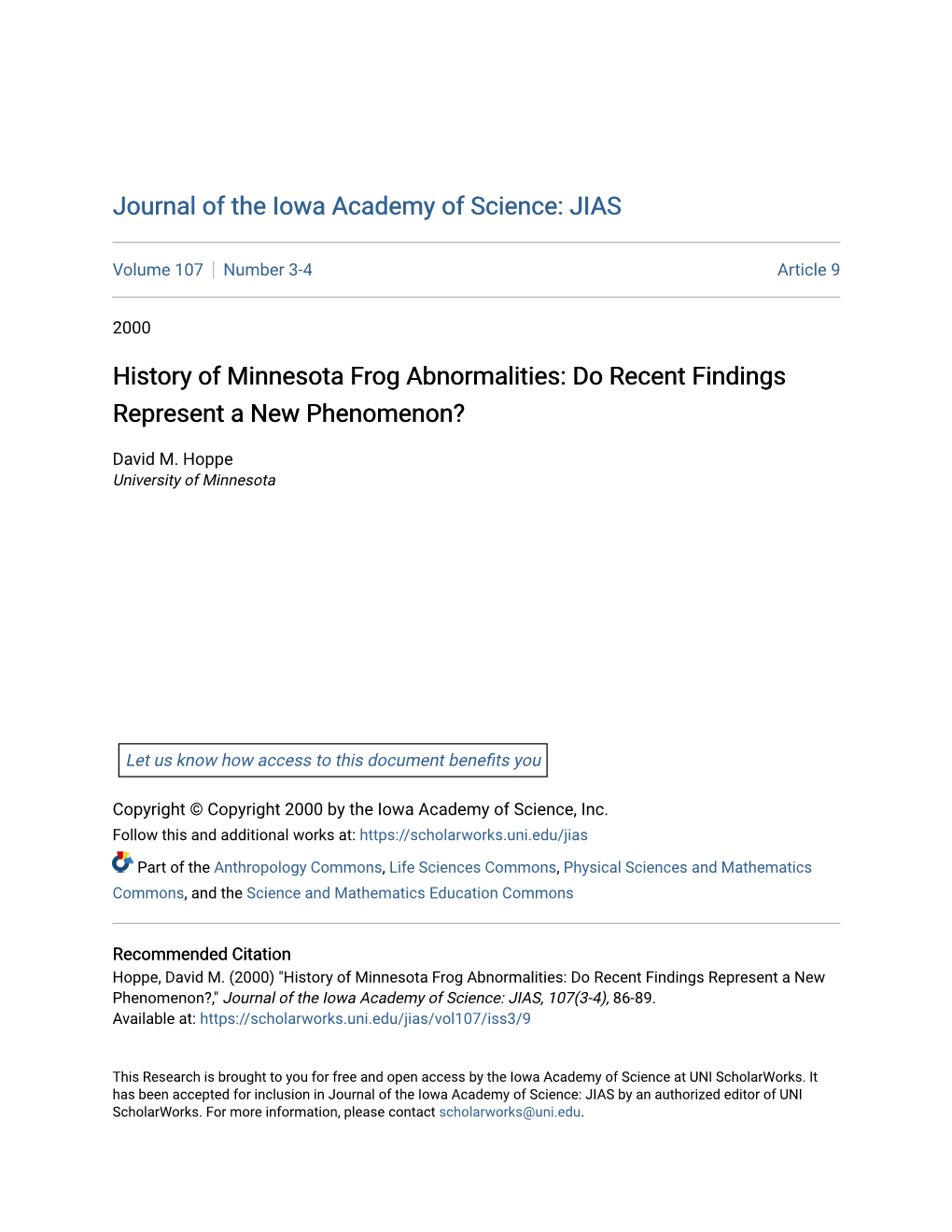 History of Minnesota Frog Abnormalities: Do Recent Findings Represent a New Phenomenon?