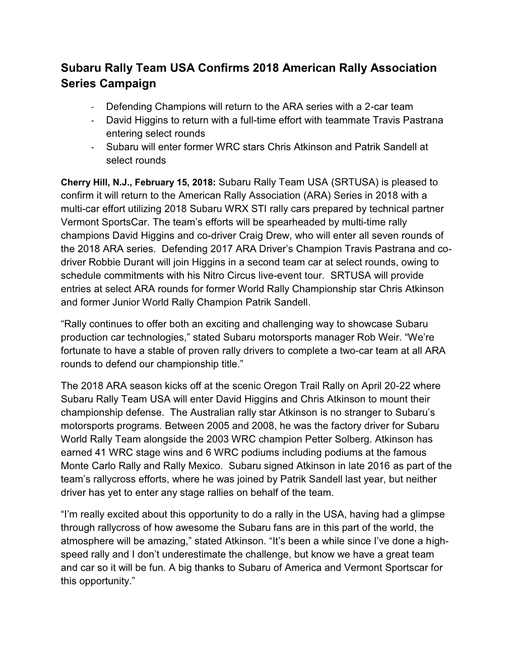 Subaru Rally Team USA Confirms 2018 American Rally Association Series Campaign