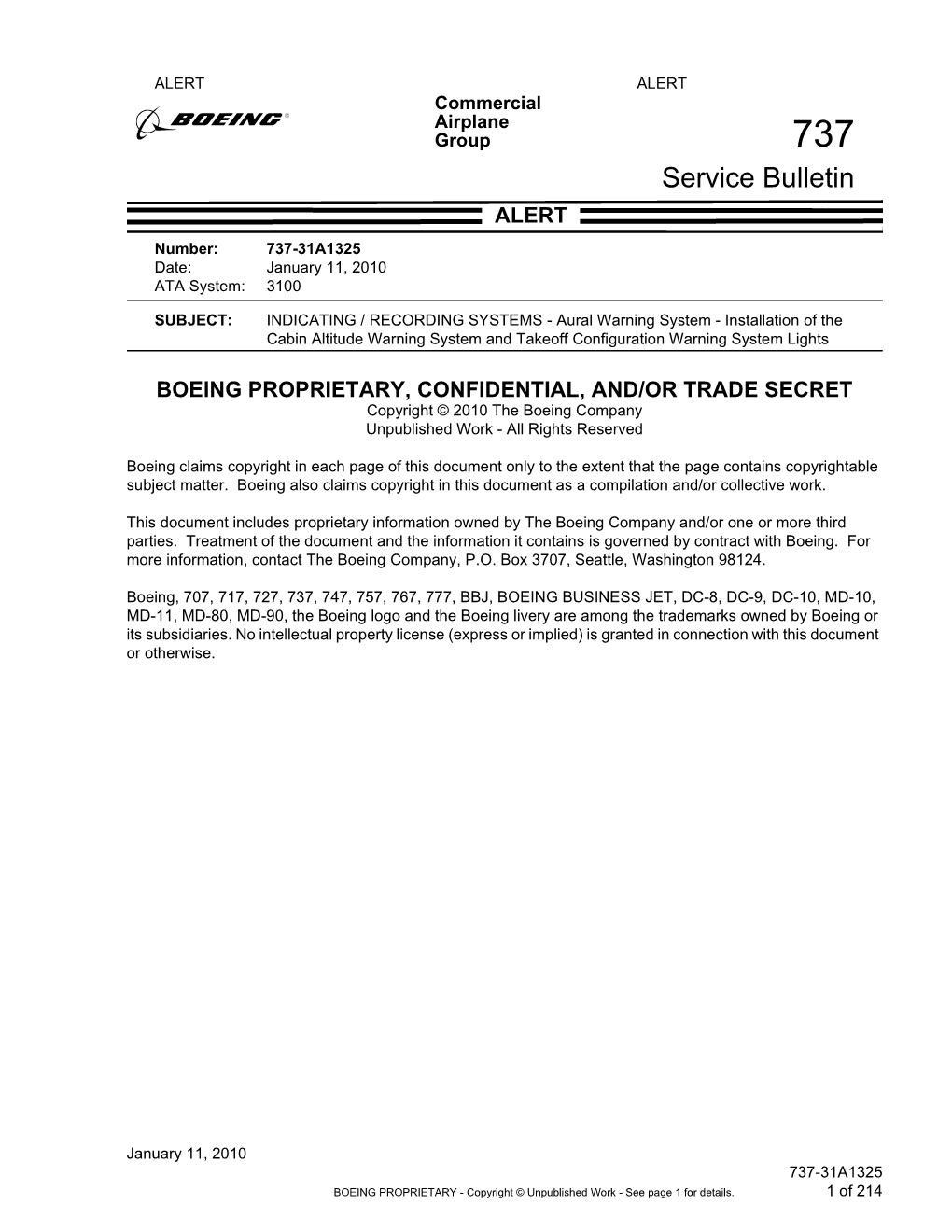 Service Bulletin ALERTALERT Number: 737-31A1325 Date: January 11, 2010 ATA System: 3100