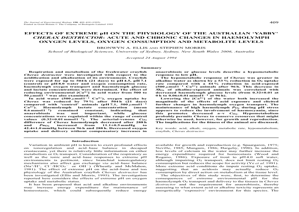 EFFECTS of EXTREME Ph on the PHYSIOLOGY of the AUSTRALIAN 'YABBY'cherax DESTRUCTOR: ACUTE and CHRONIC CHANGES in HAEMOLYMPH OXYGEN LEVELS