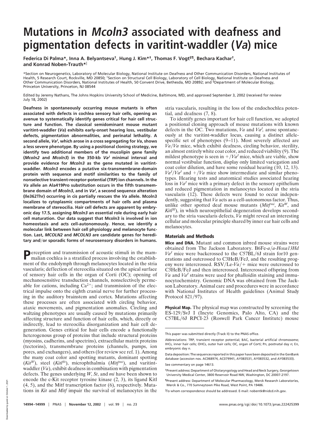 Mutations in Mcoln3 Associated with Deafness and Pigmentation Defects in Varitint-Waddler (Va) Mice