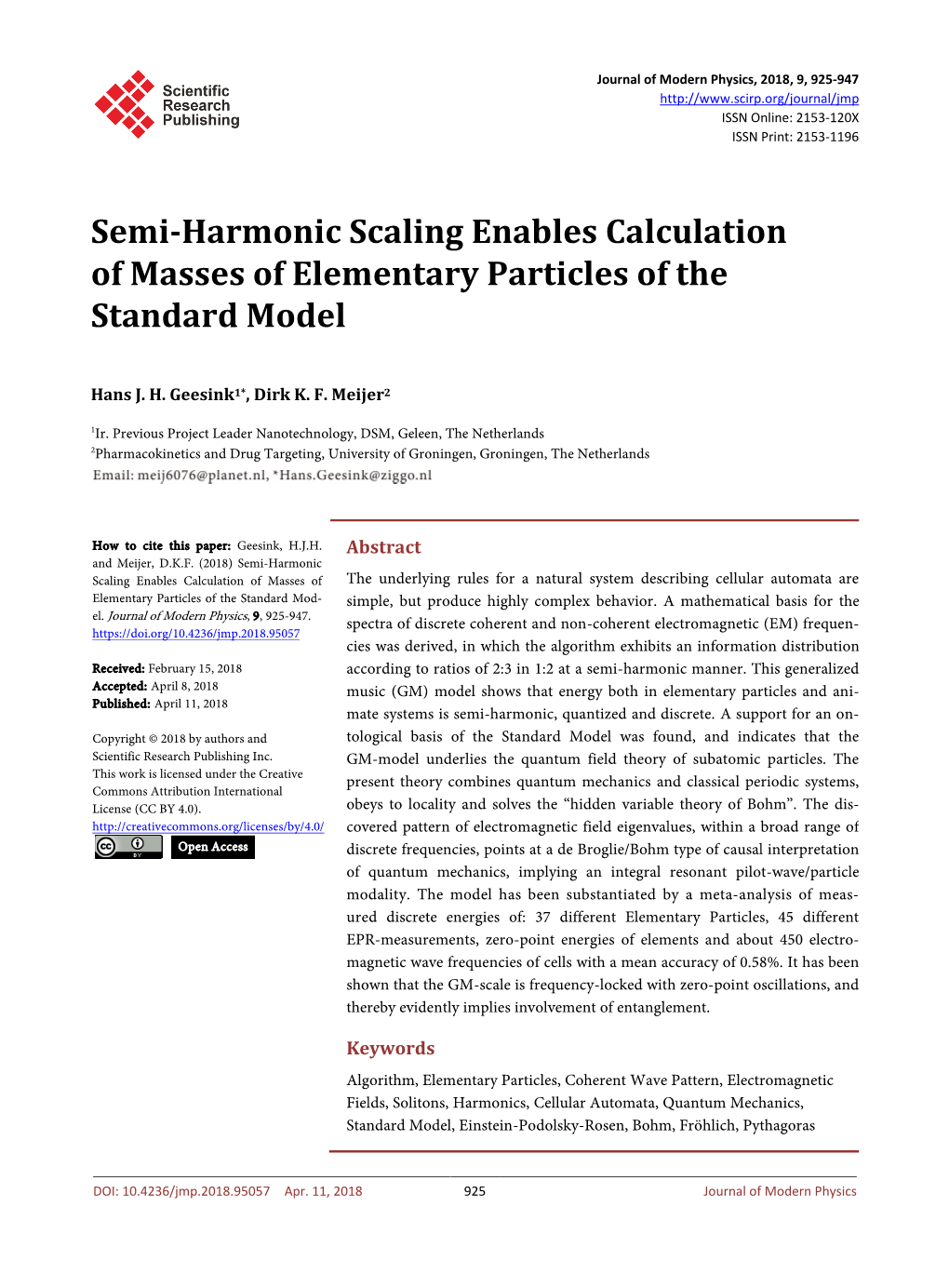 Semi-Harmonic Scaling Enables Calculation of Masses of Elementary Particles of the Standard Model