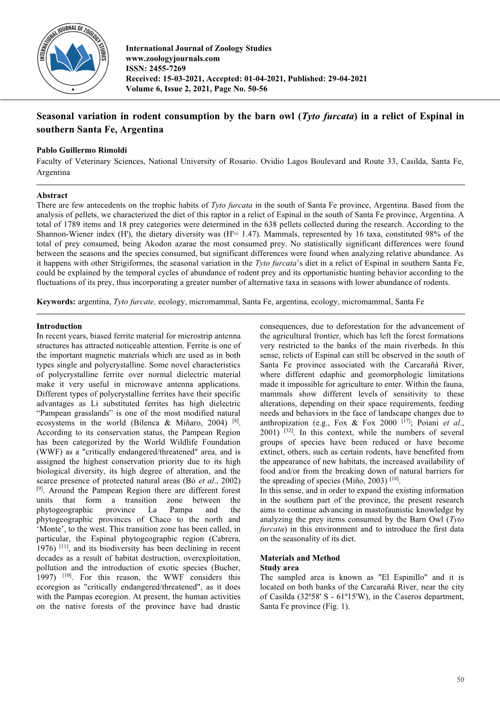 Seasonal Variation in Rodent Consumption by the Barn Owl (Tyto Furcata) in a Relict of Espinal in Southern Santa Fe, Argentina