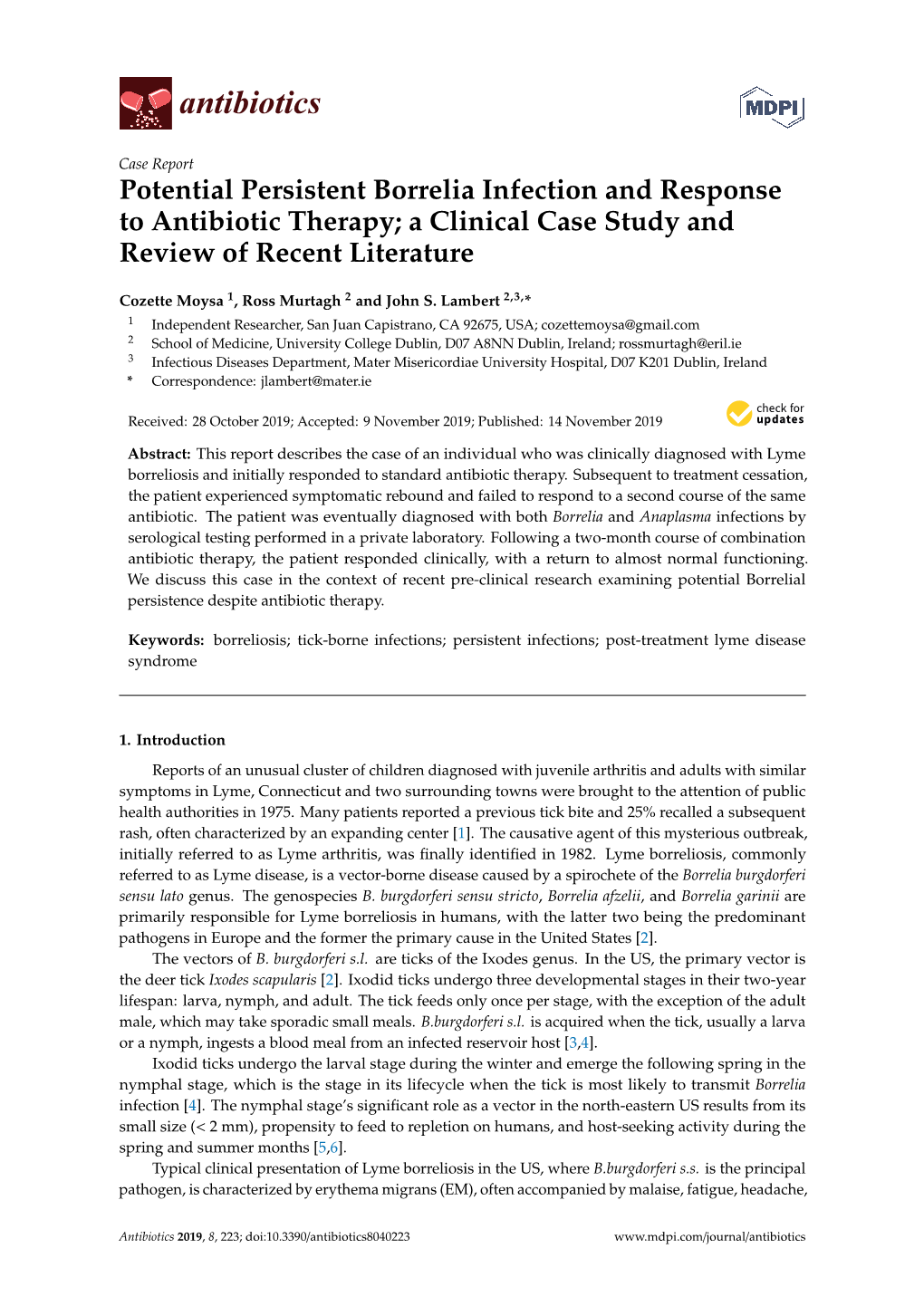 Potential Persistent Borrelia Infection and Response to Antibiotic Therapy; a Clinical Case Study and Review of Recent Literature