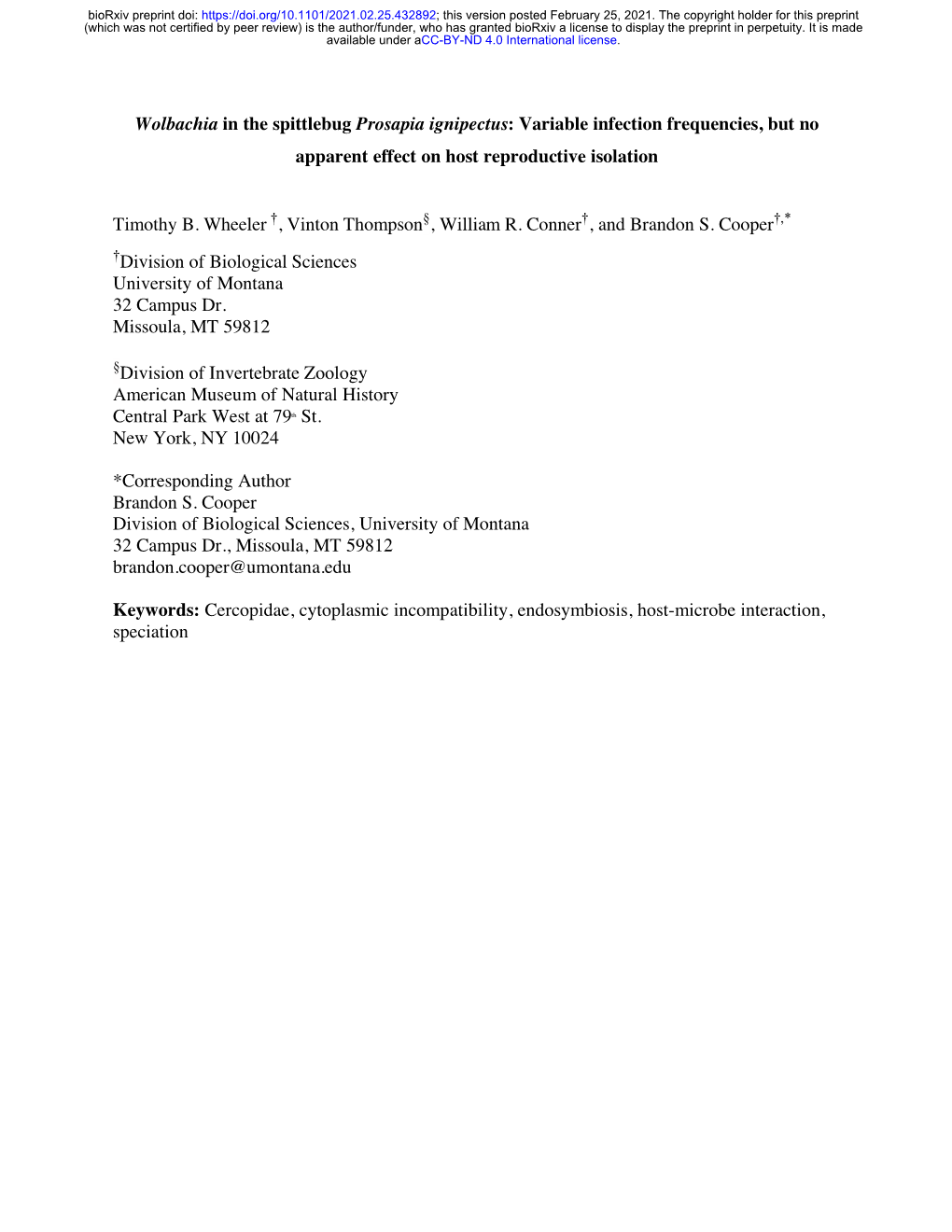 Wolbachia in the Spittlebug Prosapia Ignipectus: Variable Infection Frequencies, but No Apparent Effect on Host Reproductive Isolation