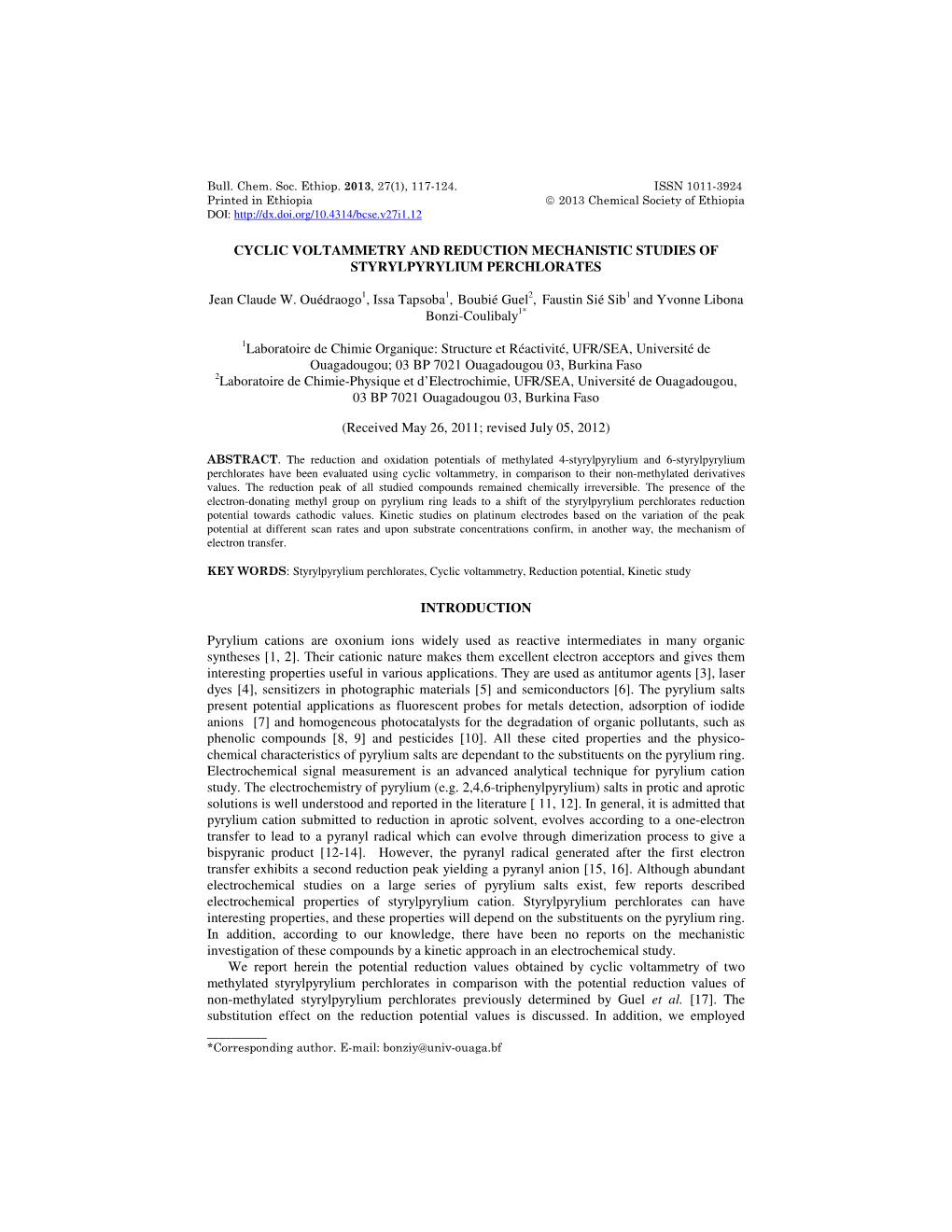 Cyclic Voltammetry and Reduction Mechanistic Studies of Styrylpyrylium Perchlorates