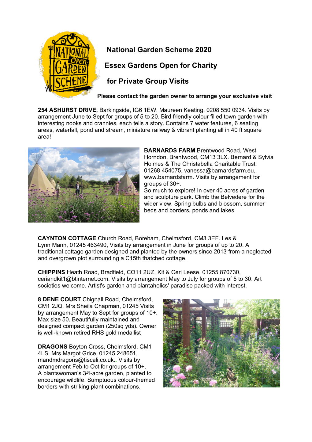 National Garden Scheme 2020 Essex Gardens Open for Charity For