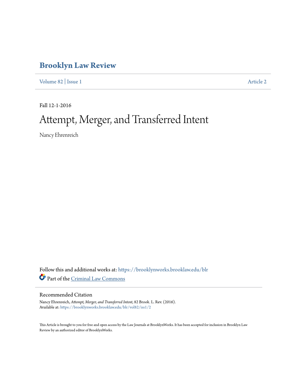 Attempt, Merger, and Transferred Intent Nancy Ehrenreich