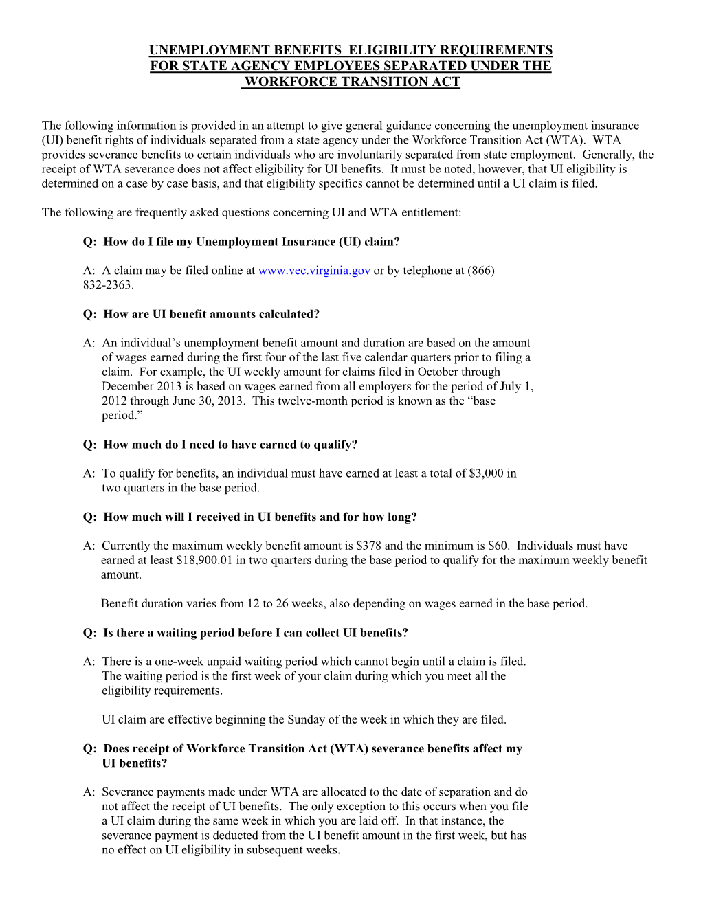 Unemployment Benefits Eligibility Requirements for State Agency Employees Separated Under the Workforce Transition Act