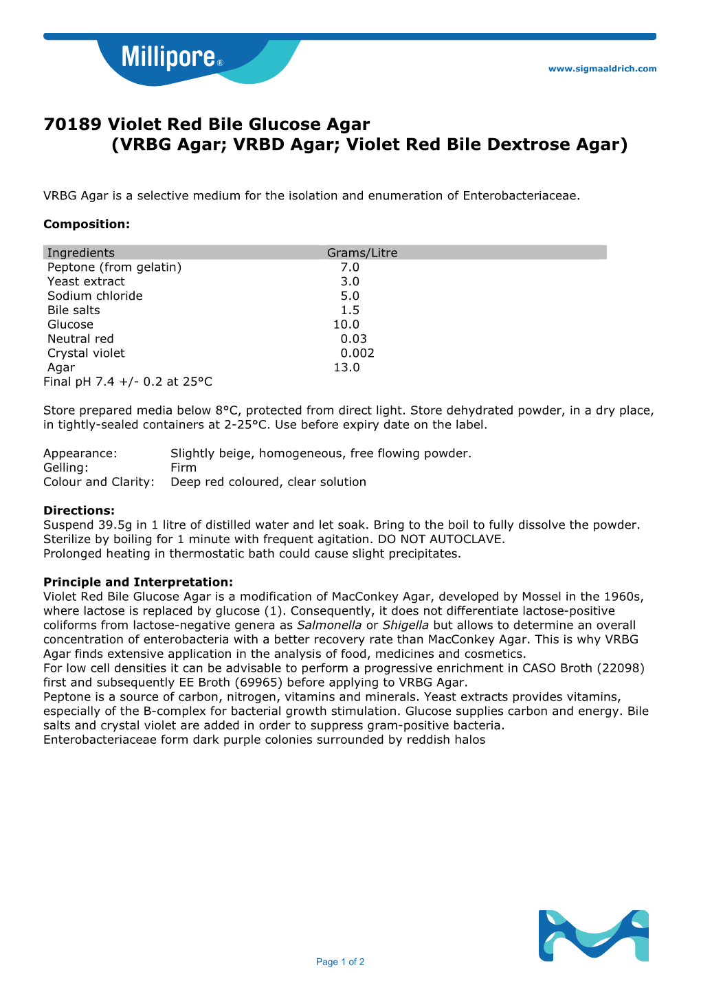 70189 Violet Red Bile Glucose Agar (VRBG Agar; VRBD Agar; Violet Red Bile Dextrose Agar)