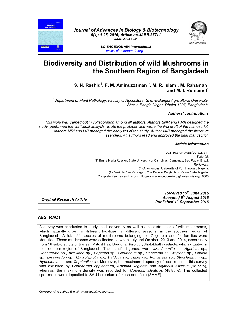 Biodiversity and Distribution of Wild Mushrooms in the Southern Region of Bangladesh