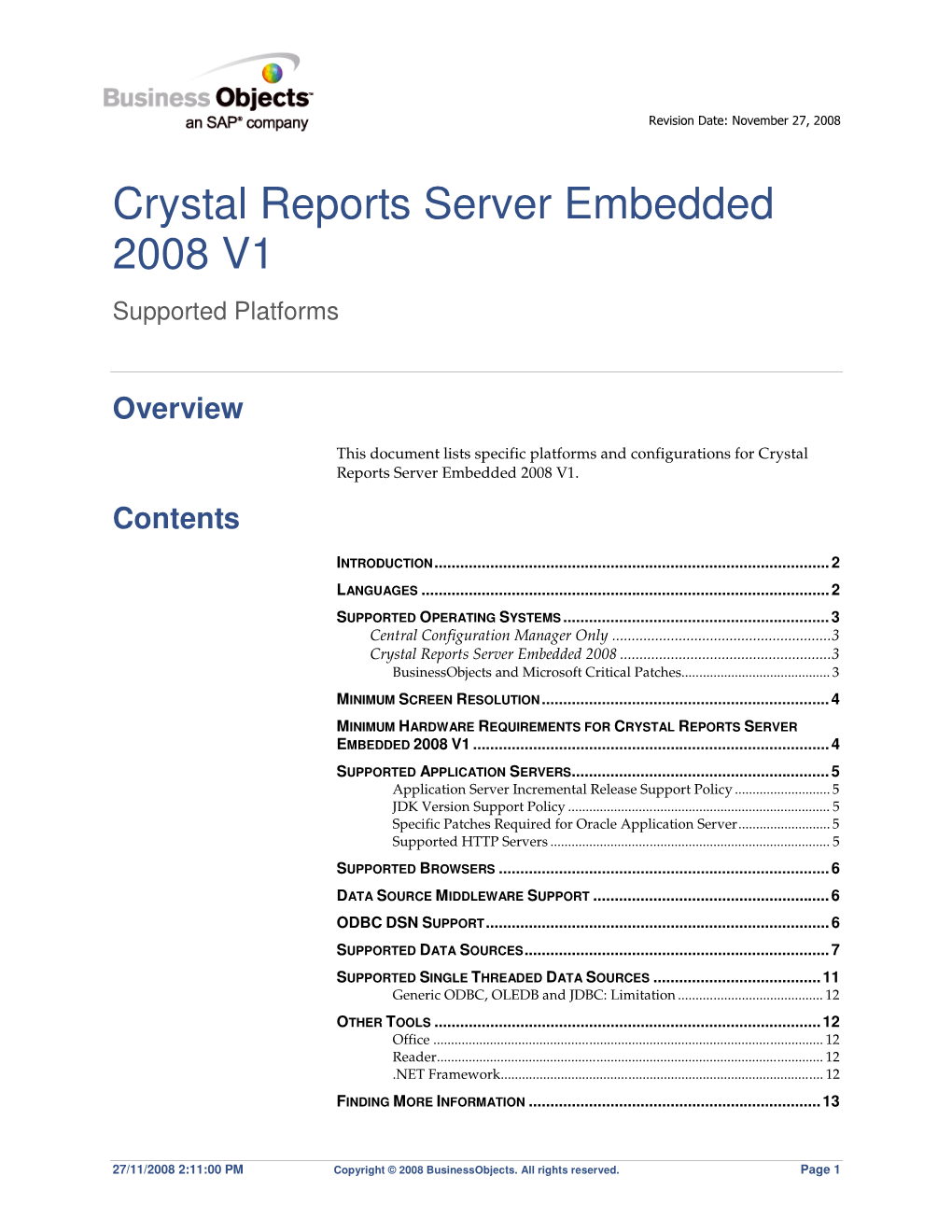 Crystal Reports Server Embedded 2008 V1 Supported Platforms