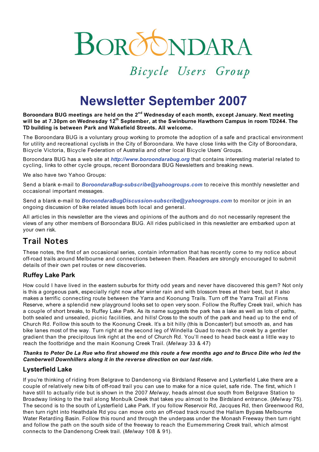 Newsletter September 2007 Boroondara BUG Meetings Are Held on the 2Nd Wednesday of Each Month, Except January