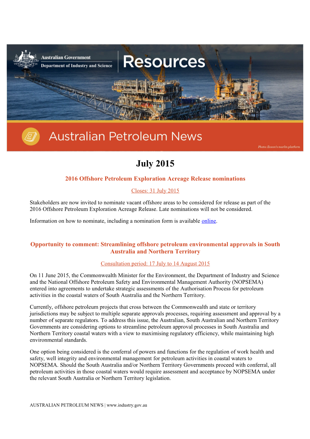 2016 Offshore Petroleum Exploration Acreage Release Nominations