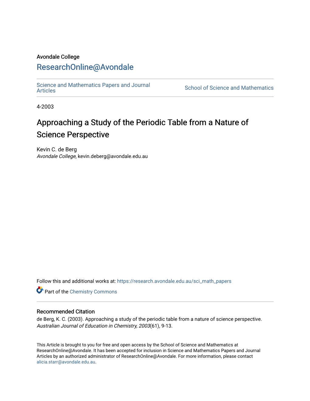 Approaching a Study of the Periodic Table from a Nature of Science Perspective