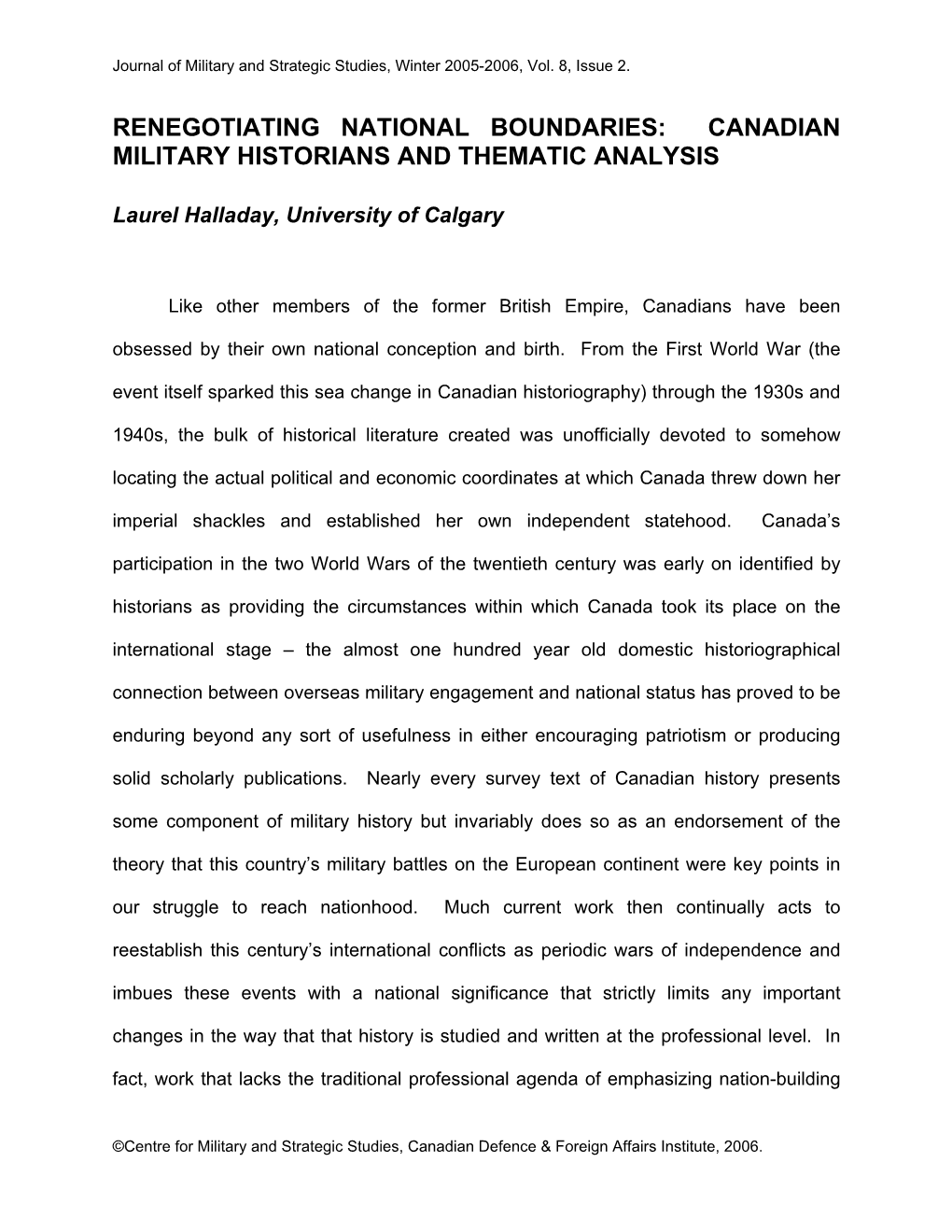 Renegotiating National Boundaries: Canadian Military Historians and Thematic Analysis