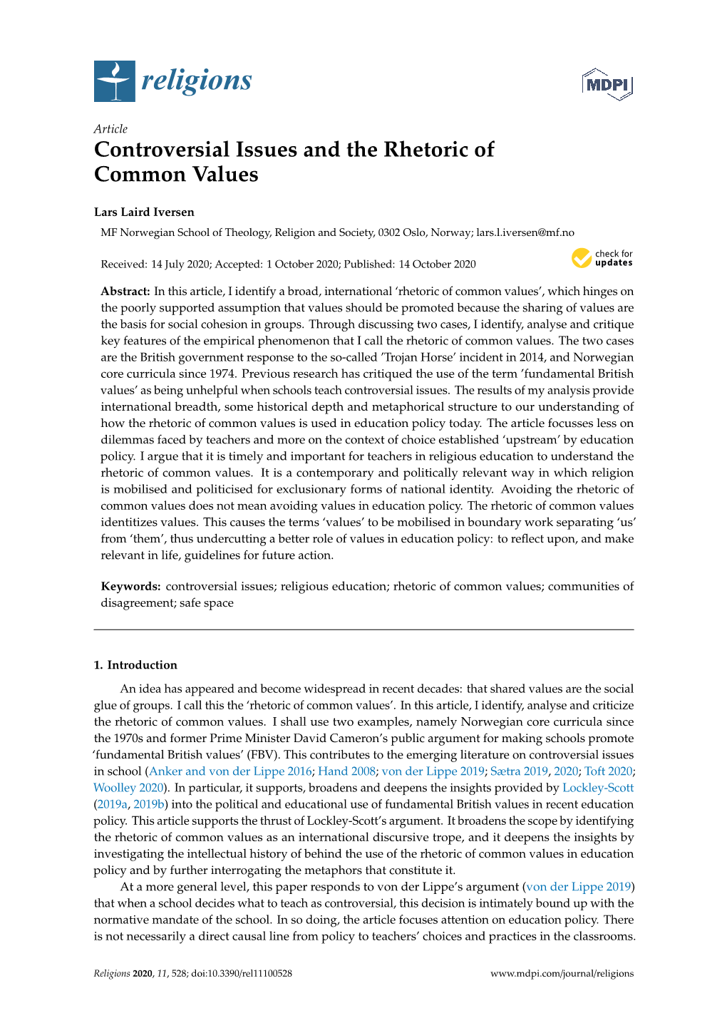 Controversial Issues and the Rhetoric of Common Values