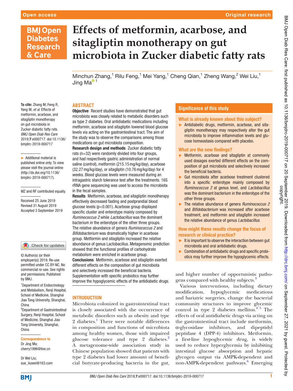 Effects of Metformin, Acarbose, and Sitagliptin Monotherapy on Gut Microbiota in Zucker Diabetic Fatty Rats