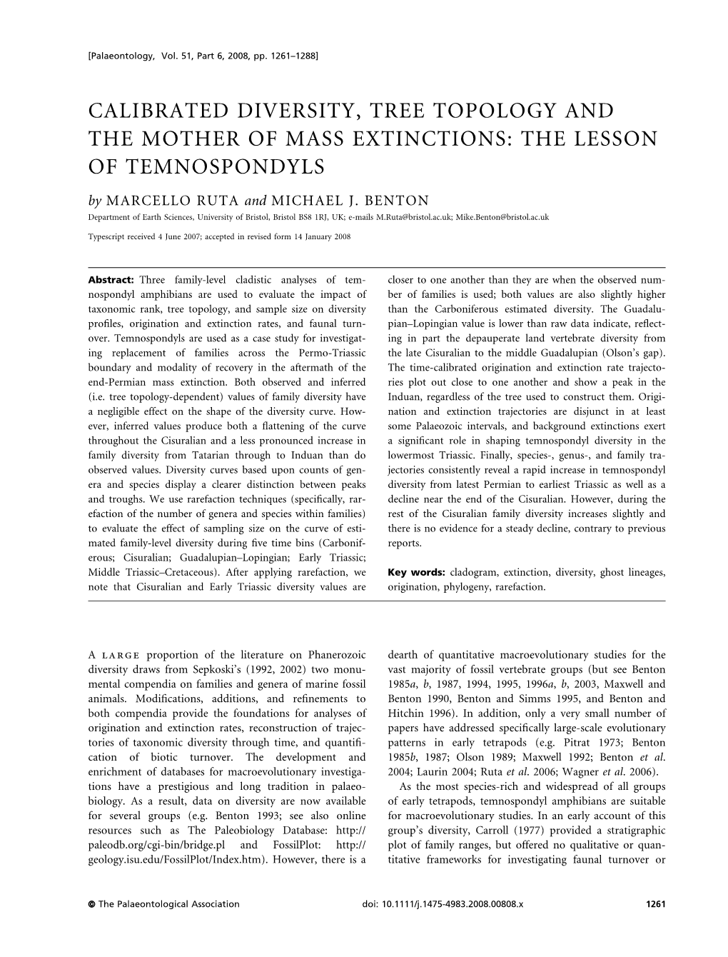 CALIBRATED DIVERSITY, TREE TOPOLOGY and the MOTHER of MASS EXTINCTIONS: the LESSON of TEMNOSPONDYLS by MARCELLO RUTA and MICHAEL J