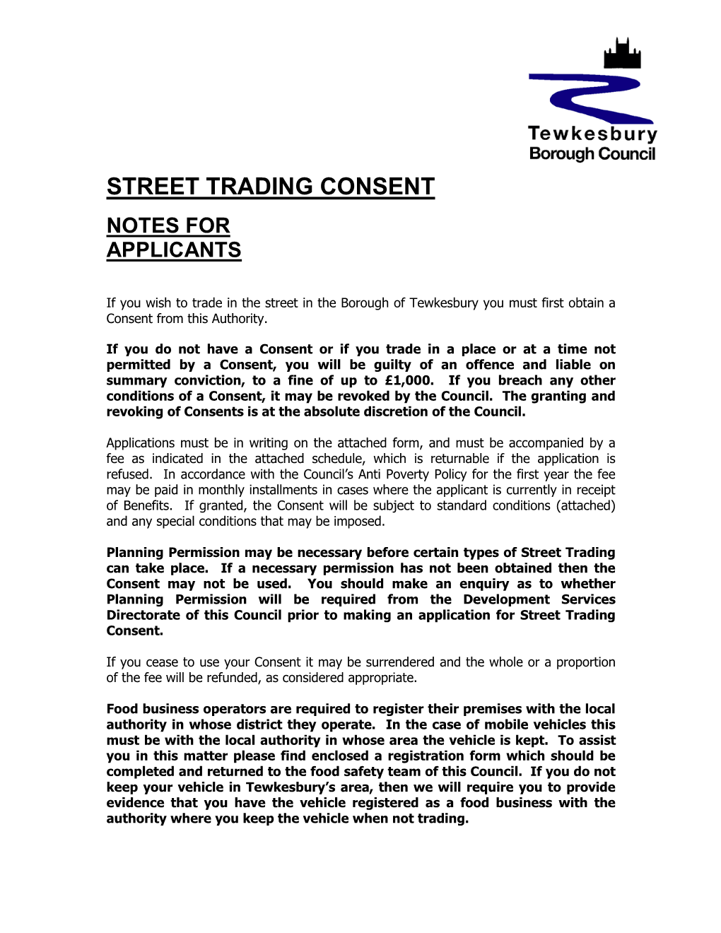 Tewkesbury Borough Council Street Trading Policy