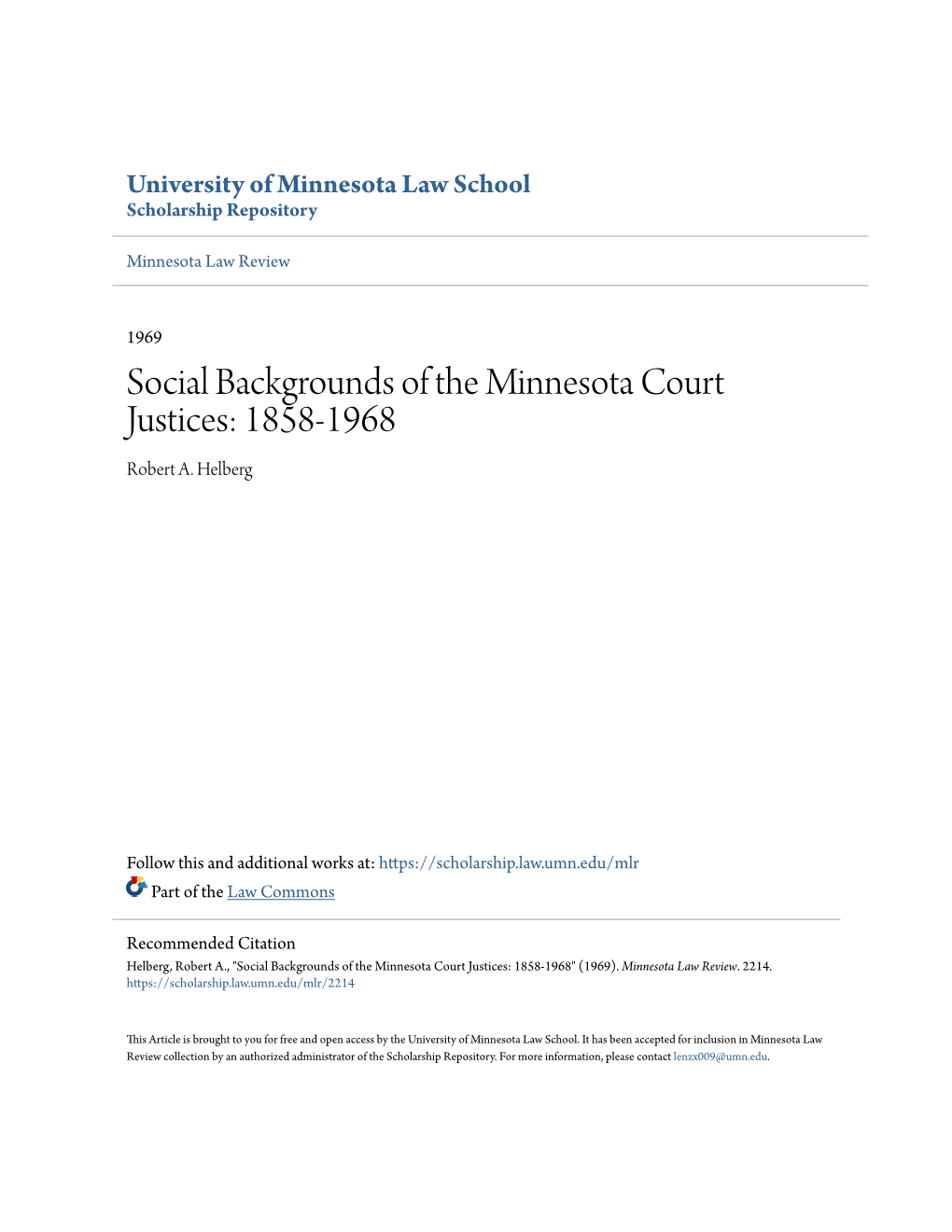 Social Backgrounds of the Minnesota Court Justices: 1858-1968 Robert A