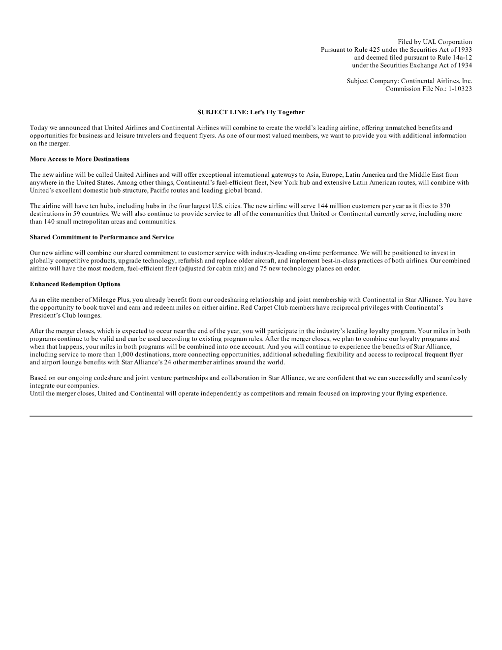 Filed by UAL Corporation Pursuant to Rule 425 Under the Securities Act of 1933 and Deemed Filed Pursuant to Rule 14A-12 Under the Securities Exchange Act of 1934