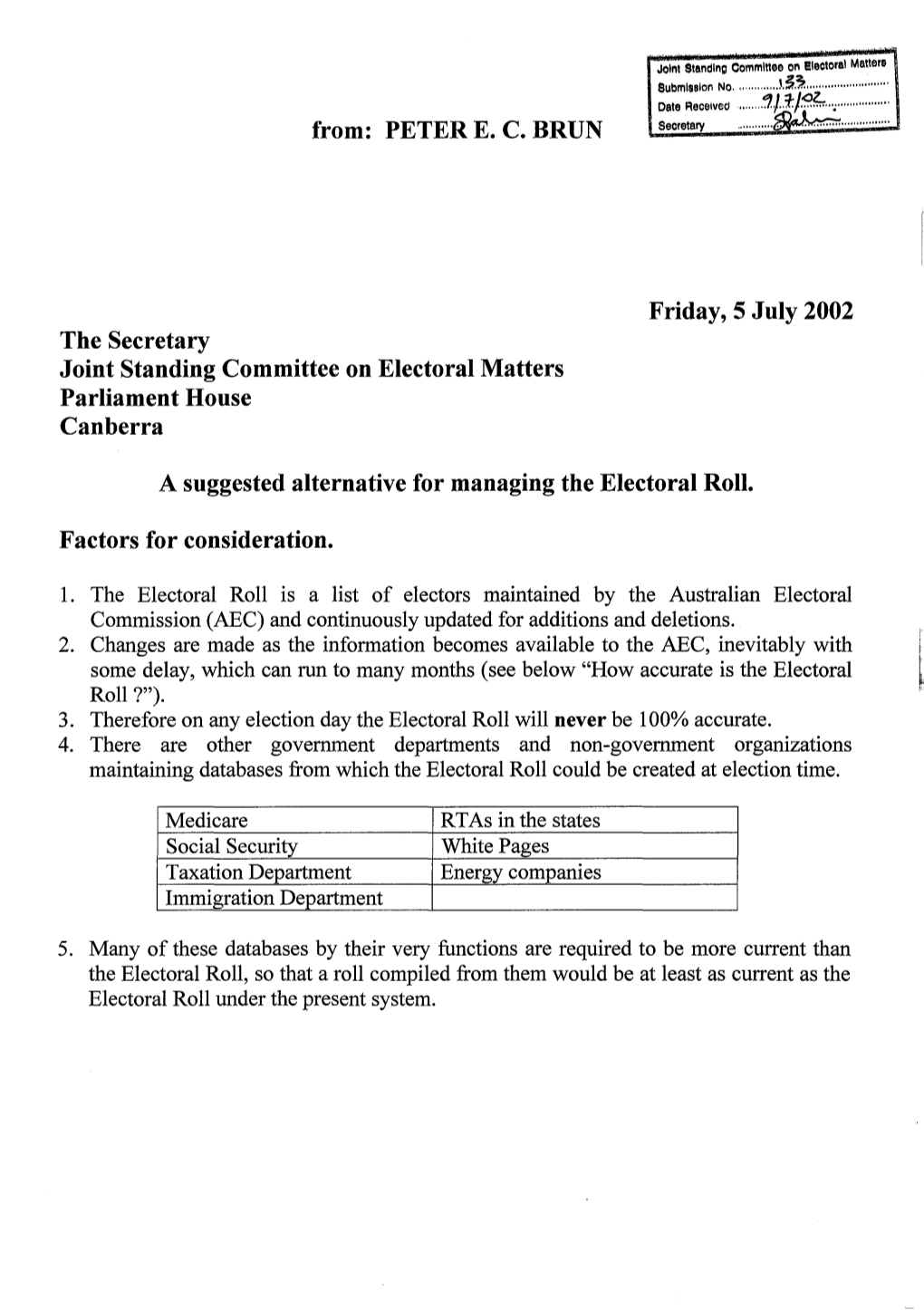 Joint Standing Committee on Electoral Matters Parliament House Canberra