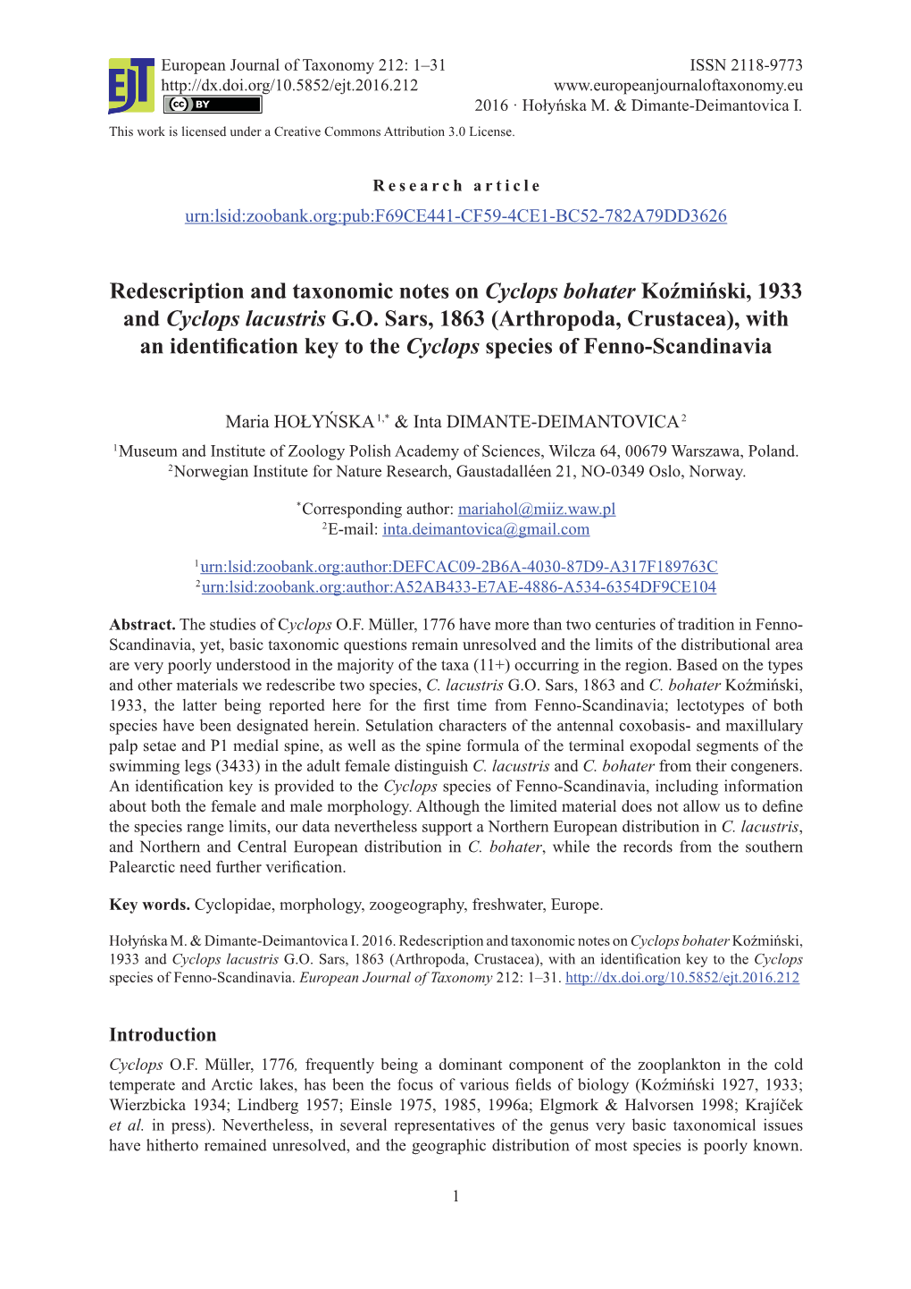 Redescription and Taxonomic Notes on Cyclops Bohater Koźmiński, 1933 and Cyclops Lacustris G.O