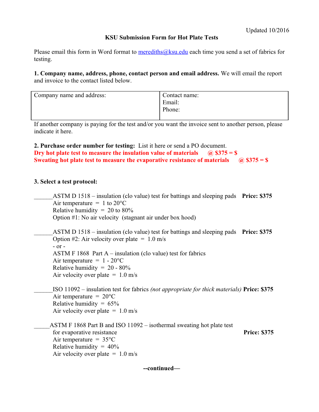 KSU Submission Form for Hot Plate Tests