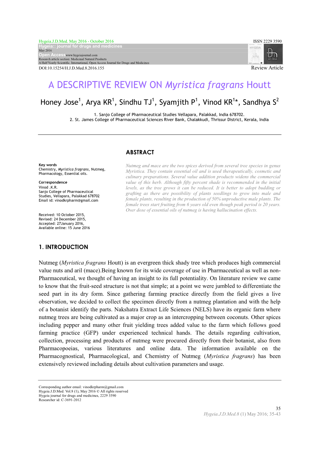 A DESCRIPTIVE REVIEW on Myristica Fragrans Houtt