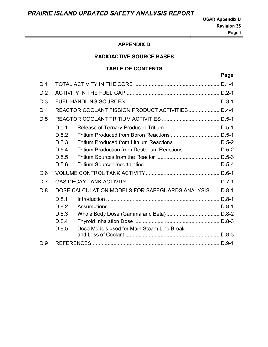 UPDATED SAFETY ANALYSIS REPORT USAR Appendix D Revision 35 Page I