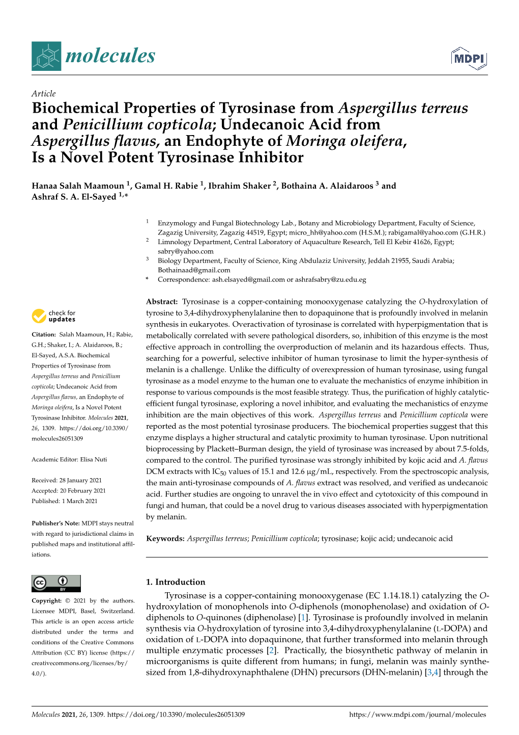 Biochemical Properties of Tyrosinase from Aspergillus Terreus And