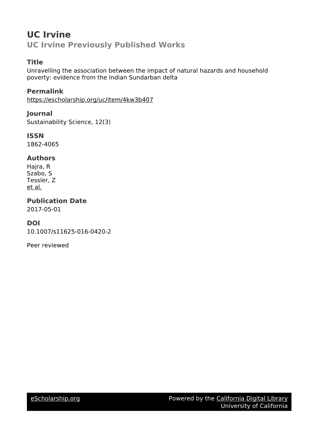 Unravelling the Association Between the Impact of Natural Hazards and Household Poverty: Evidence from the Indian Sundarban Delta