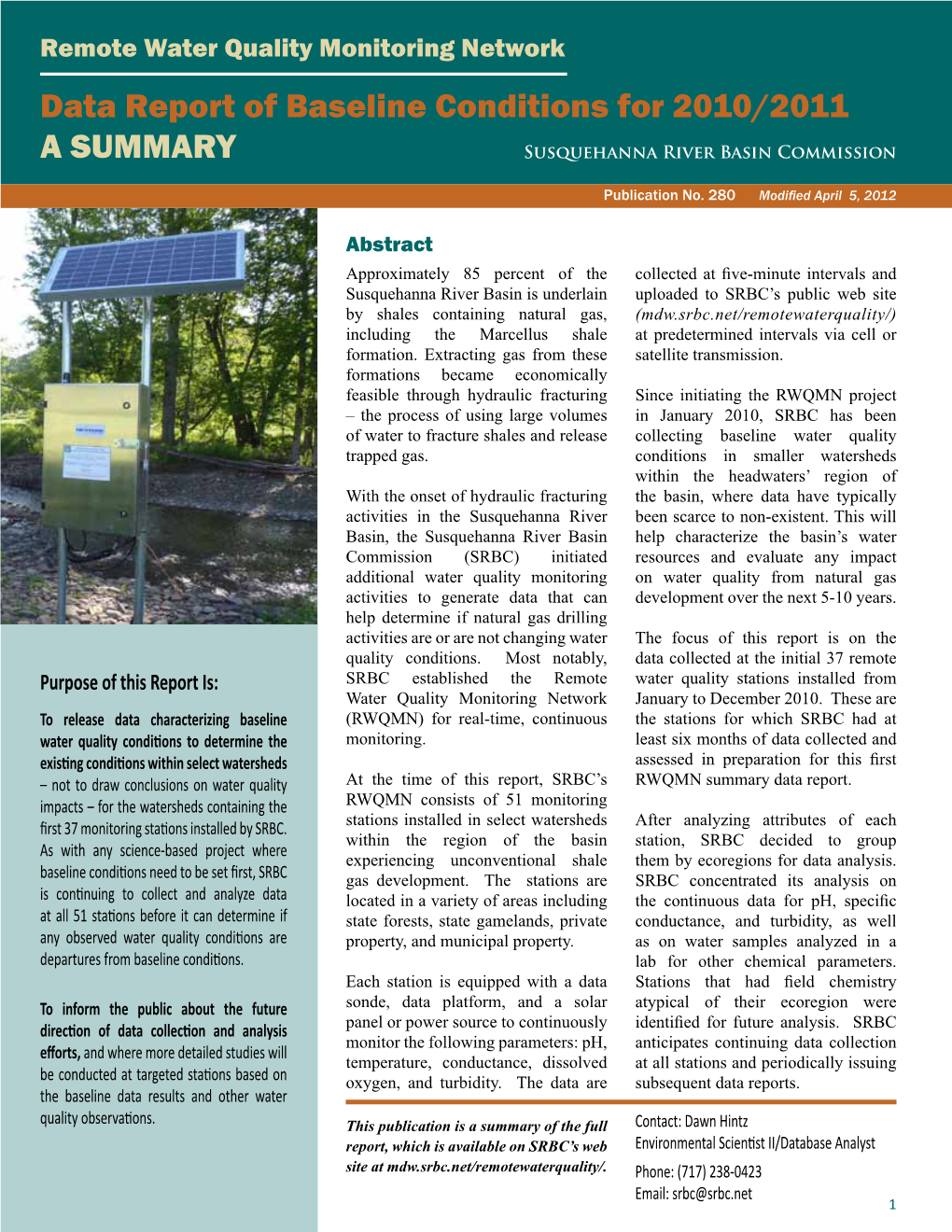 Remote Water Quality Monitoring Network Baseline Conditions 2010-2011