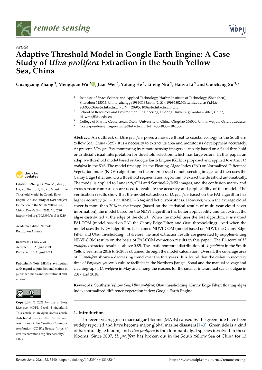 A Case Study of Ulva Prolifera Extraction in the South Yellow Sea, China