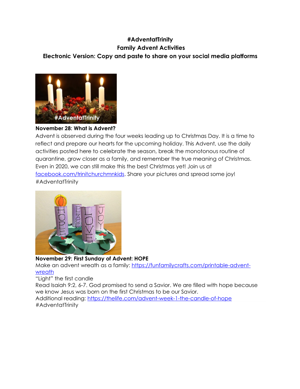 Adventattrinity Family Advent Activities Electronic Version: Copy and Paste to Share on Your Social Media Platforms