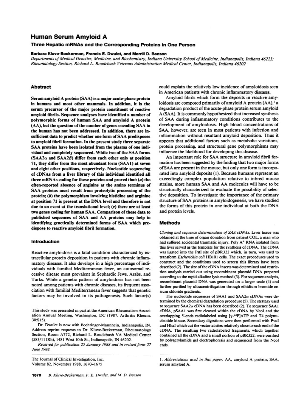 Human Serum Amyloid a Three Hepatic Mrnas and the Corresponding Proteins in One Person Barbara Kluve-Beckerman, Francis E