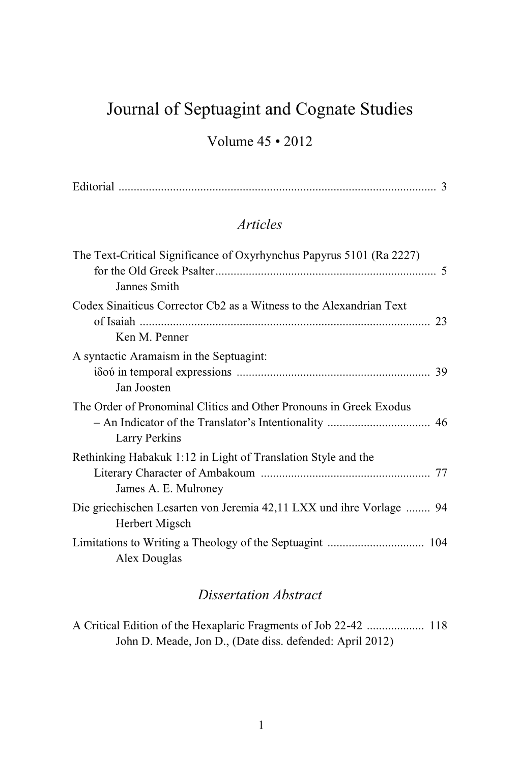 Journal of Septuagint and Cognate Studies