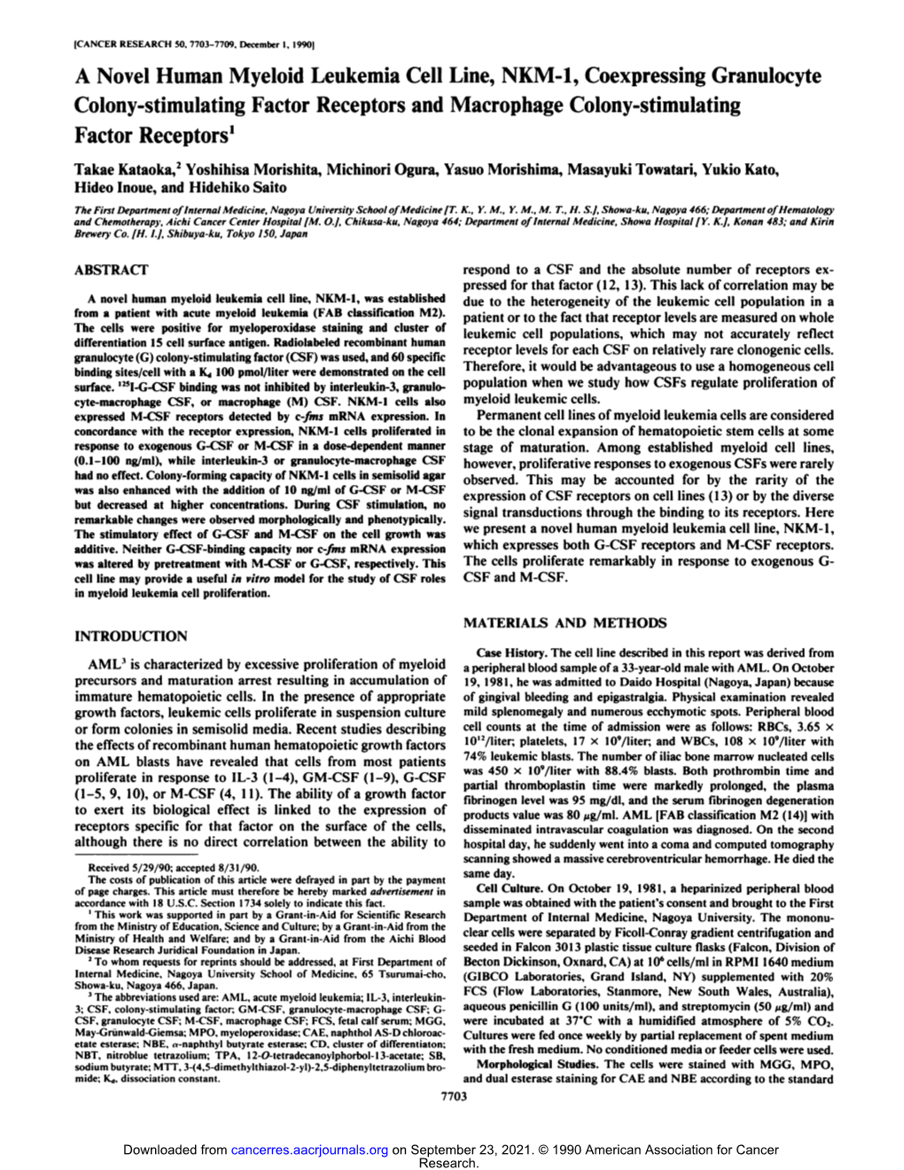 A Novel Human Myeloid Leukemia Cell Line, NKM-1, Coexpressing Granulocyte Colony-Stimulating Factor Receptors and Macrophage Colony-Stimulating Factor Receptors'