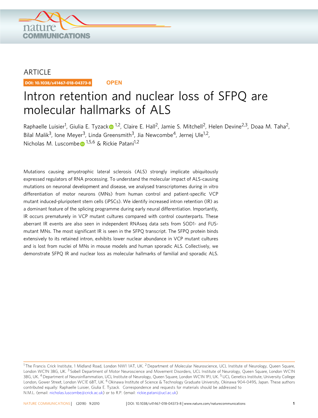 Intron Retention and Nuclear Loss of SFPQ Are Molecular Hallmarks of ALS