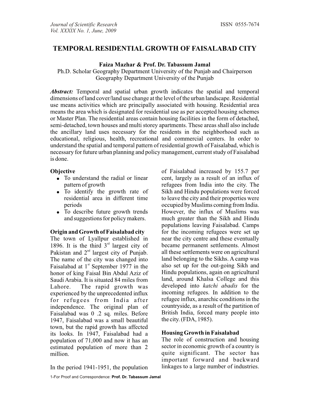 Temporal Residential Growth of Faisalabad City